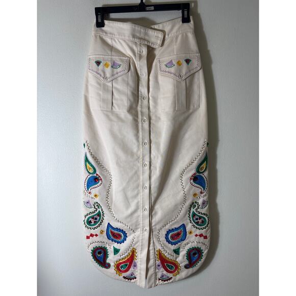 ALEMAIS Dresses & Skirts - Alemais Off White Paisley Embroidered Cotton Button Up Maxi Skirt Sz 4